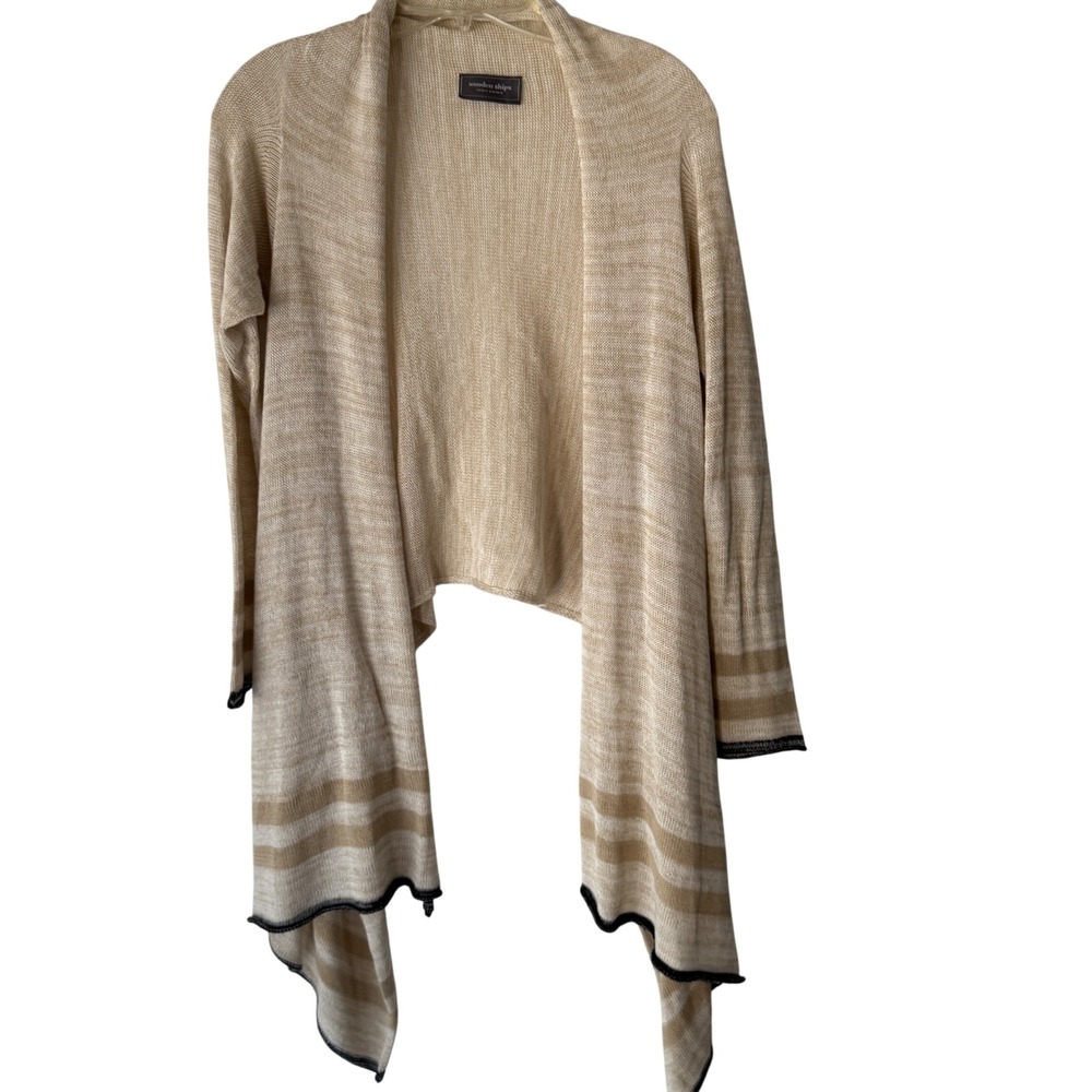 Wooden Ships Draped Open Front Cardigan Beige Striped Trim Long Sleeve Coastal M